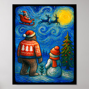 Bruh Bigfoot Snowman Starry Night Christmas Xmas M Poster