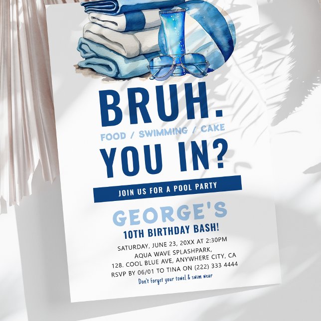 BRUH Blue Pool Party Boy Birthday  Invitation (Creator Uploaded)