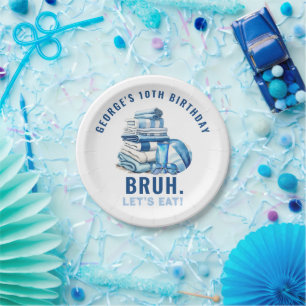 BRUH Blue Pool Party Boy Birthday  Paper Plate