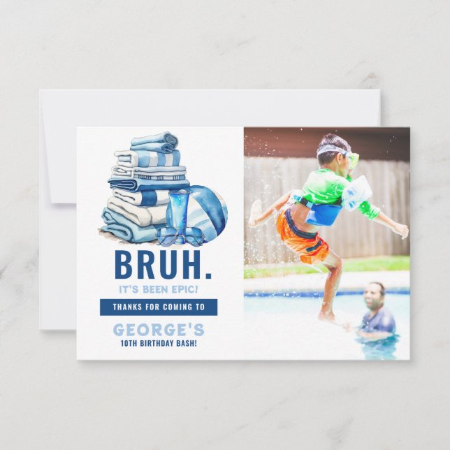 BRUH Blue Pool Party Boy Birthday  Thank You Card (Front)