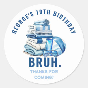 BRUH Blue Pool Party Boy Birthday Thank You Classic Round Sticker