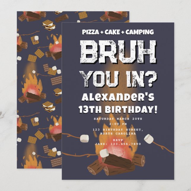 Bruh Boy Birthday Party Teenager Campfire Camping Invitation (Front/Back)