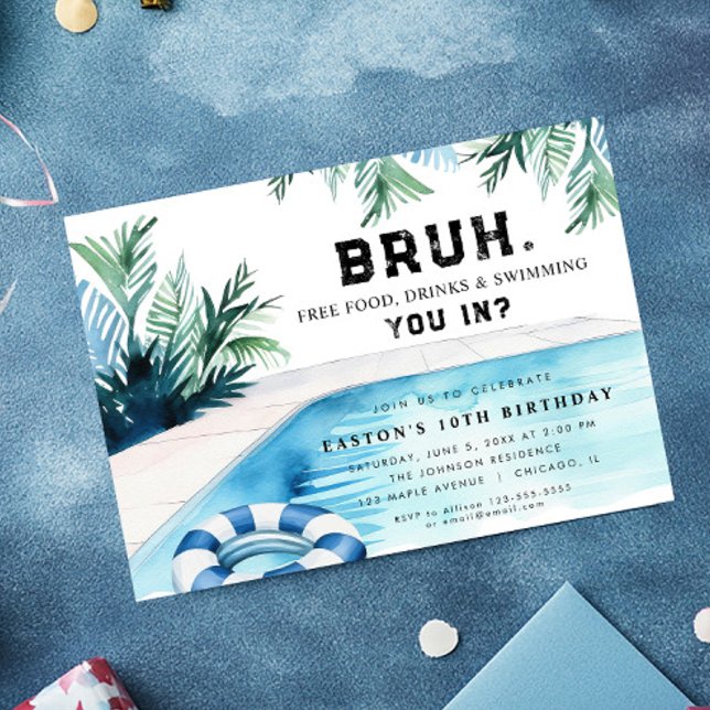 Bruh boy pool party birthday party invitation (Creator Uploaded)