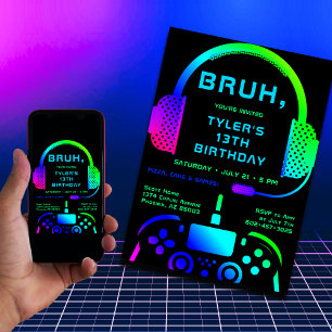 Bruh Boy Teen Birthday Neon Video Game Party Invitation