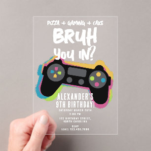 Bruh Boy's Birthday Neon Gaming Teen Gamer Acrylic Invitations