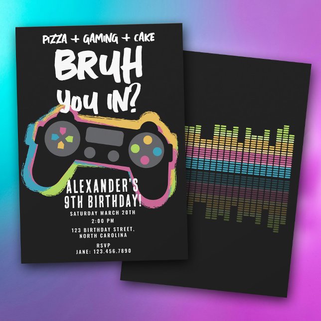 Bruh Boy's Birthday Neon Gaming Teen Gamer Invitation (Bruh Boy's Birthday Neon Gaming Teen Gamer Invitation)