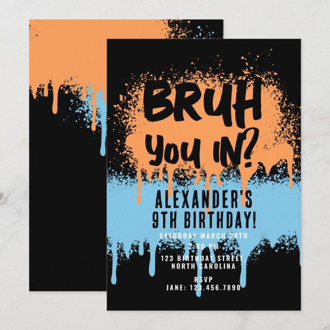 Bruh Boy's Birthday Neon Graffiti Orange Blue Invitation (Front/Back)