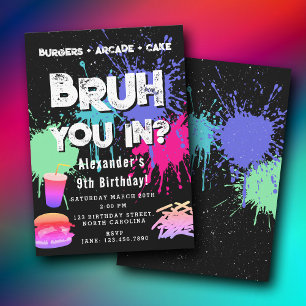 Bruh Boy's Birthday Neon Graffiti Teenager Burgers Invitation