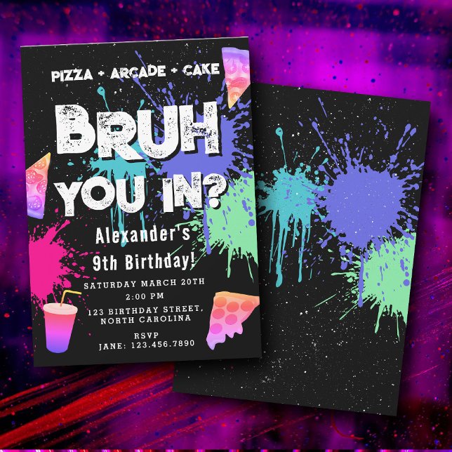 Bruh Boy's Birthday Neon Graffiti Teenager Pizza Invitation (Bruh Boy's Birthday Neon Graffiti Teenager Pizza Invitation)