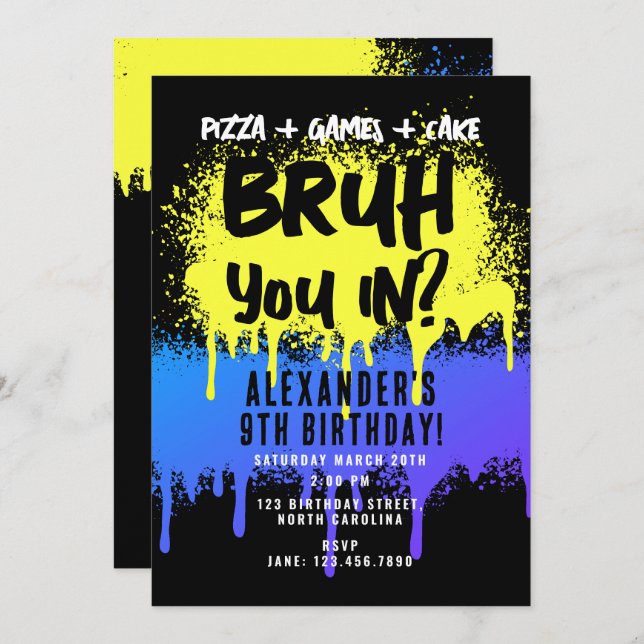 Bruh Boy's Birthday Neon Graffiti Yellow Blue Invitation (Front/Back)