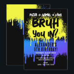 Bruh Boy's Birthday Neon Graffiti Yellow Blue Invitation<br><div class="desc">A teen boys "Bruh" themed birthday invitation using cool typography. A custom kids neon graffiti yellow and blue "pizza,  games and cake " teenage boys birthday invitation design perfect for any teens birthday party theme. Customise this  "Bruh" birthday invitation with your own text and make it your own!</div>
