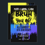 Bruh Boy's Birthday Neon Graffiti Yellow Blue Invitation<br><div class="desc">A teen boys "Bruh" themed birthday invitation using cool typography. A custom kids neon graffiti yellow and blue "pizza,  games and cake " teenage boys birthday invitation design perfect for any teens birthday party theme. Customise this  "Bruh" birthday invitation with your own text and make it your own!</div>