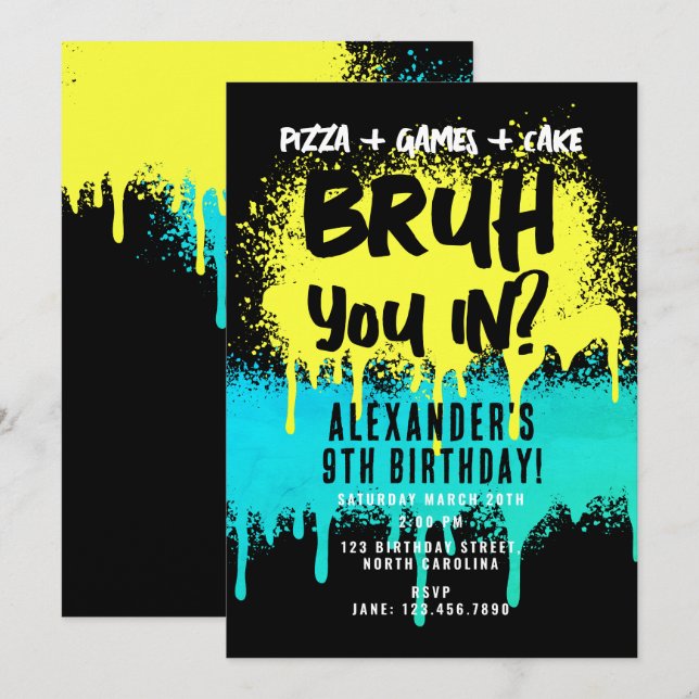 Bruh Boy's Birthday Neon Graffiti Yellow Teal Invitation (Front/Back)