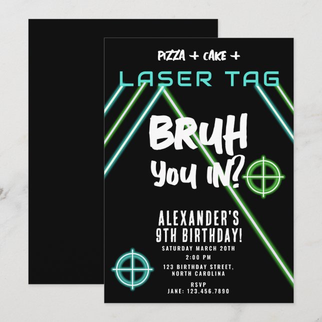 Bruh Boy's Birthday Neon Laser Tag Invitation (Front/Back)