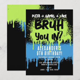 Bruh Boy's Birthday Party Neon Graffiti Green Blue Invitation