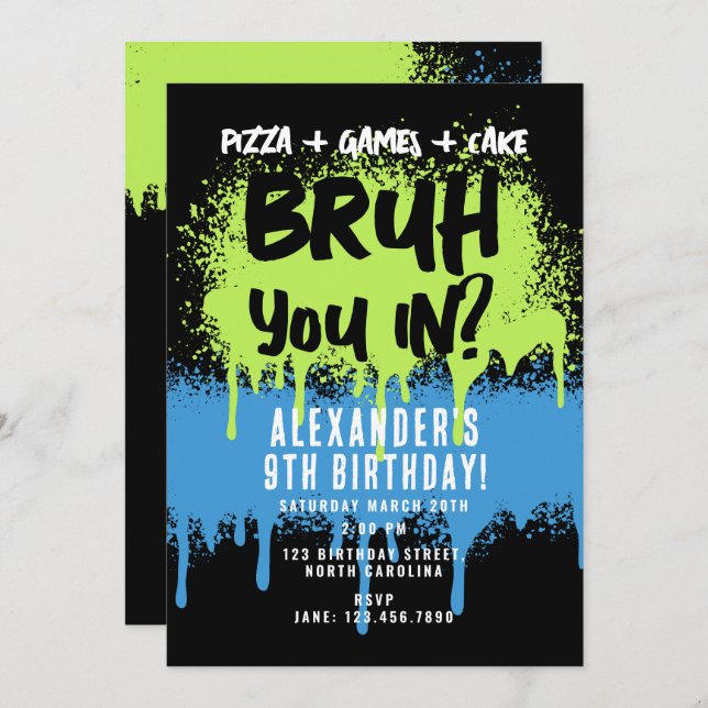 Bruh Boy's Birthday Party Neon Graffiti Green Blue Invitation (Front/Back)