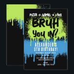 Bruh Boy's Birthday Party Neon Graffiti Green Blue Invitation<br><div class="desc">A teen boys "Bruh" themed birthday invitation using cool typography. A custom kids neon graffiti blue and green "pizza,  games and cake " teenage boys birthday invitation design perfect for any teens birthday party theme. Customise this  "Bruh" birthday invitation with your own text and make it your own!</div>