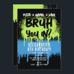 Bruh Boy's Birthday Party Neon Graffiti Green Blue Invitation<br><div class="desc">A teen boys "Bruh" themed birthday invitation using cool typography. A custom kids neon graffiti blue and green "pizza,  games and cake " teenage boys birthday invitation design perfect for any teens birthday party theme. Customise this  "Bruh" birthday invitation with your own text and make it your own!</div>
