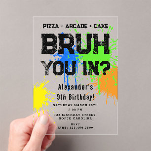 Bruh Boy's Birthday Party Neon Graffiti Teenager Acrylic Invitations