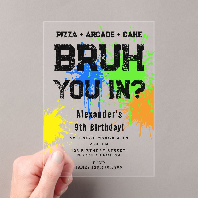 Bruh Boy's Birthday Party Neon Graffiti Teenager Acrylic Invitations (Insitu (Handheld))