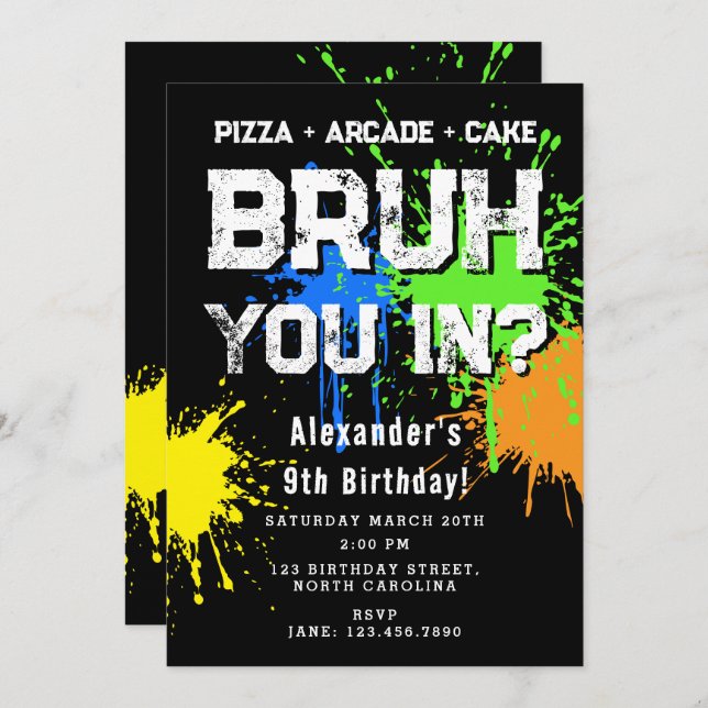Bruh Boy's Birthday Party Neon Graffiti Teenager Invitation (Front/Back)