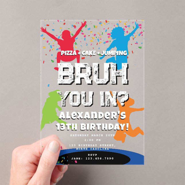 Bruh Boy's Birthday Party Teenager Jump Trampoline Acrylic Invitations (Insitu (Handheld))