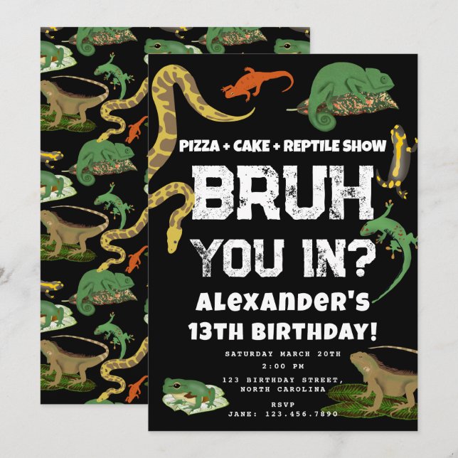Bruh Boy's Birthday Party Teenager Reptile Show Invitation (Front/Back)