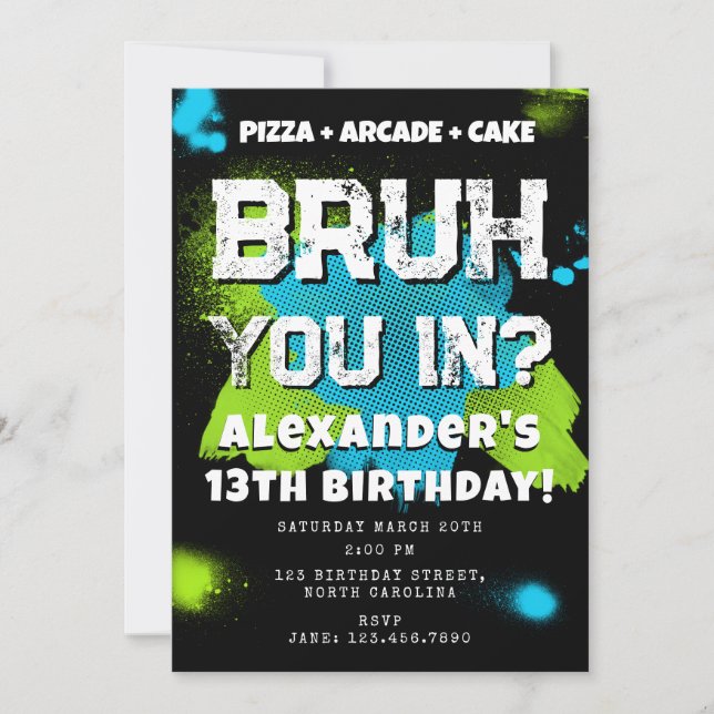 Bruh Boy's Birthday Party Teenager Teen Boy Neon Invitation (Front)
