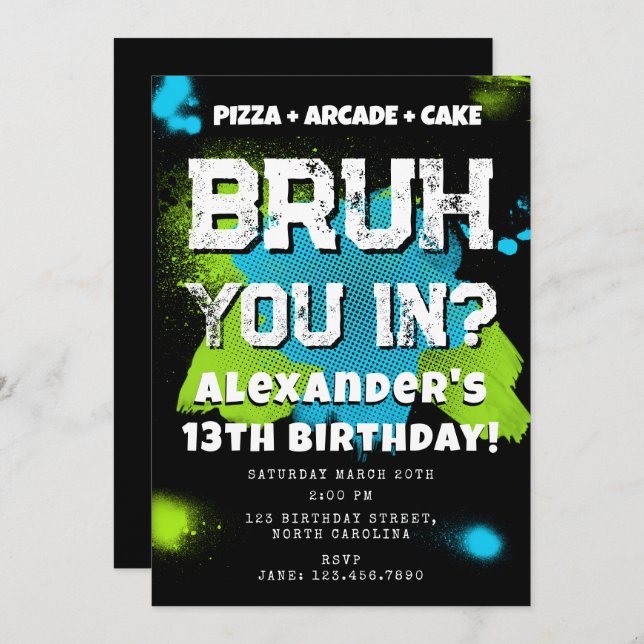 Bruh Boy's Birthday Party Teenager Teen Boy Neon Invitation (Front/Back)