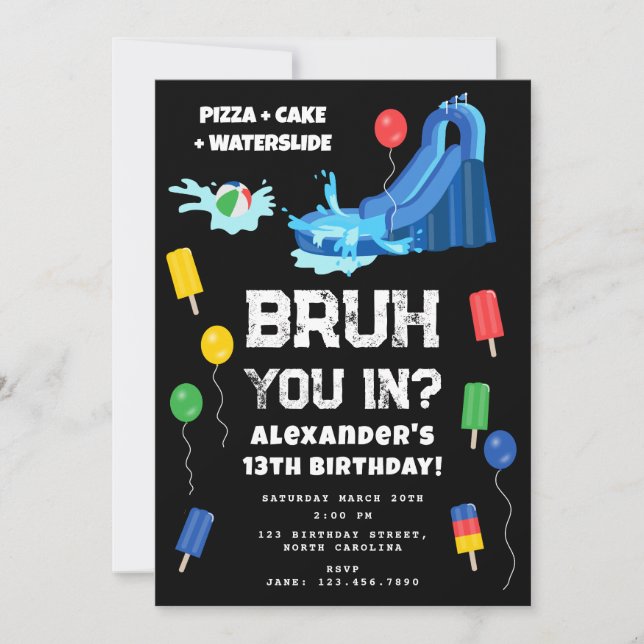 Bruh Boy's Birthday Party Teenager Waterslide Invitation (Front)