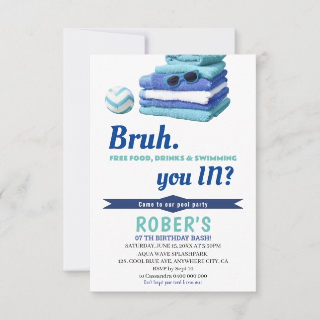 BRUH Boys Blue Pool Party Birthday Invitation (Front)