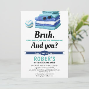 BRUH Boys Blue Pool Party Birthday Invitation