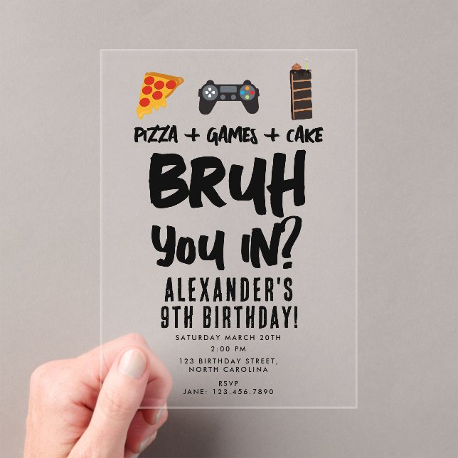 Bruh Boy's Teenager Birthday Party Teen Boy Pizza Acrylic Invitations (Insitu (Handheld))