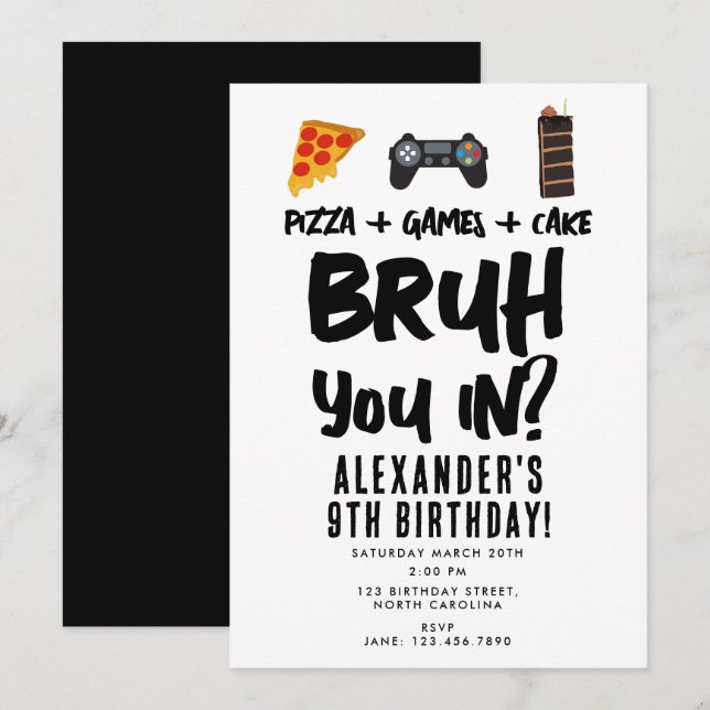 Bruh Boy's Teenager Birthday Party Teen Boy Pizza Invitation (Front/Back)