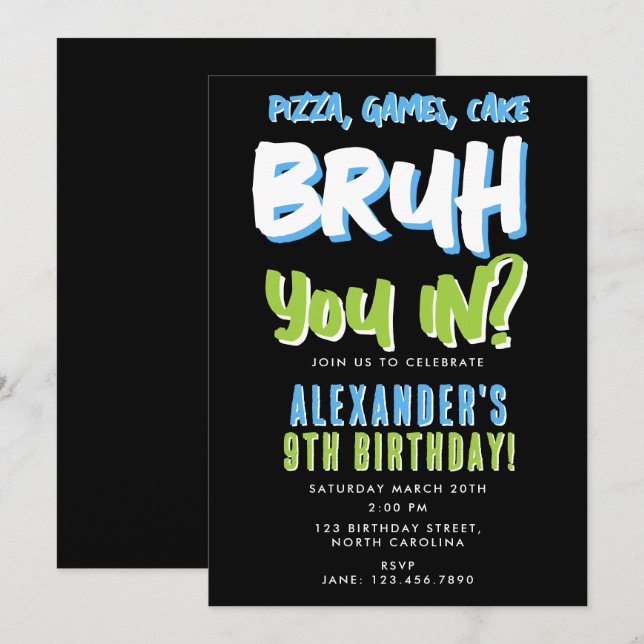 Bruh Boy's Teenager Teen Boy Blue Green Birthday  Invitation (Front/Back)