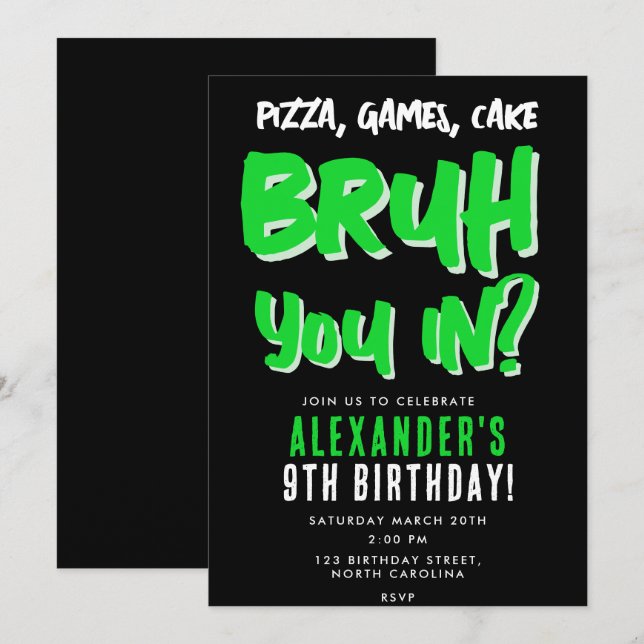 Bruh Boy's Teenager Teen Boy Green Birthday Party  Invitation (Front/Back)
