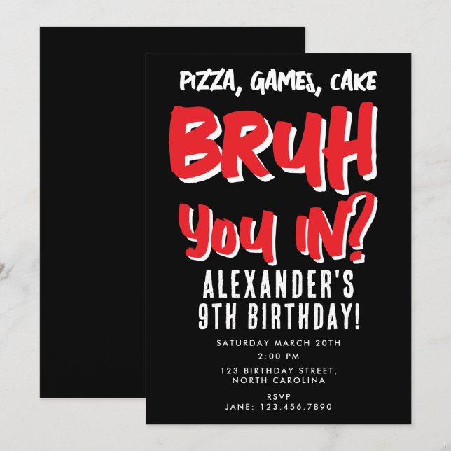 Bruh Boy's Teenager Teen Boy Red Birthday Party  Invitation (Front/Back)
