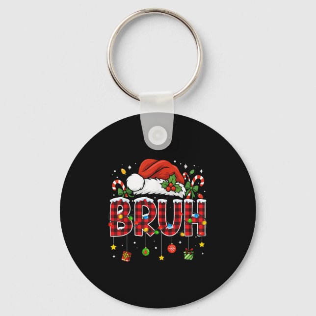 Bruh Funny Christmas Red Plaid Teens Boys Kids Xma Key Ring (Front)