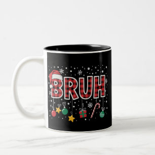 Bruh Funny Christmas Red Plaid Xmas Pyjamas Two-Tone Coffee Mug