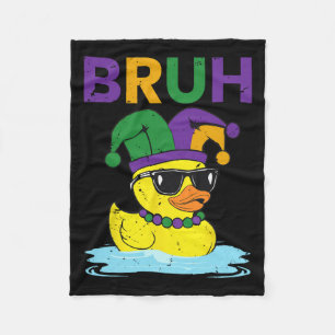 Bruh Funny Duck Mardi Gras Rubber Duck With Jester Fleece Blanket