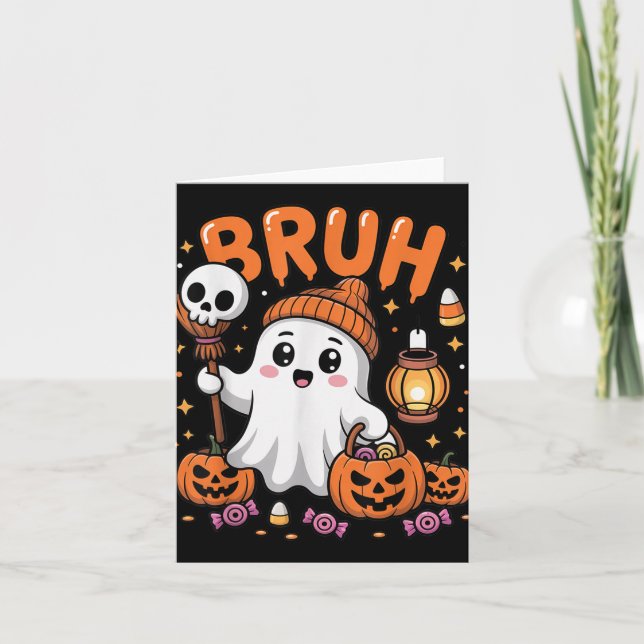 Bruh Ghost Halloween Cute Ghost Trick Or Treat Can Card (Front)