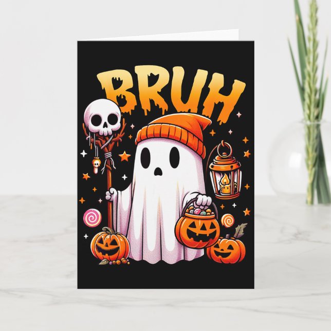 Bruh Ghost Halloween Cute Ghost Trick Or Treat Can Card (Front)