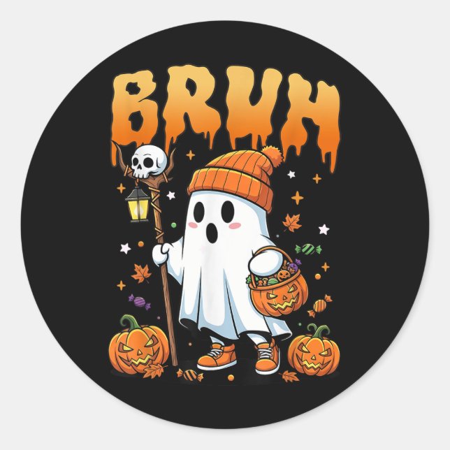 Bruh Ghost Halloween Cute Ghost Trick Or Treat Can Classic Round Sticker (Front)