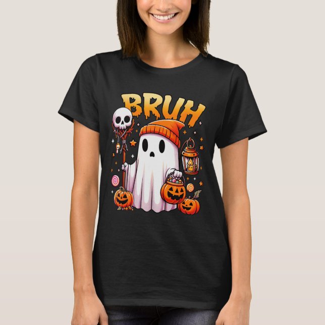 Bruh Ghost Halloween Cute Ghost Trick Or Treat Can T-Shirt (Front)