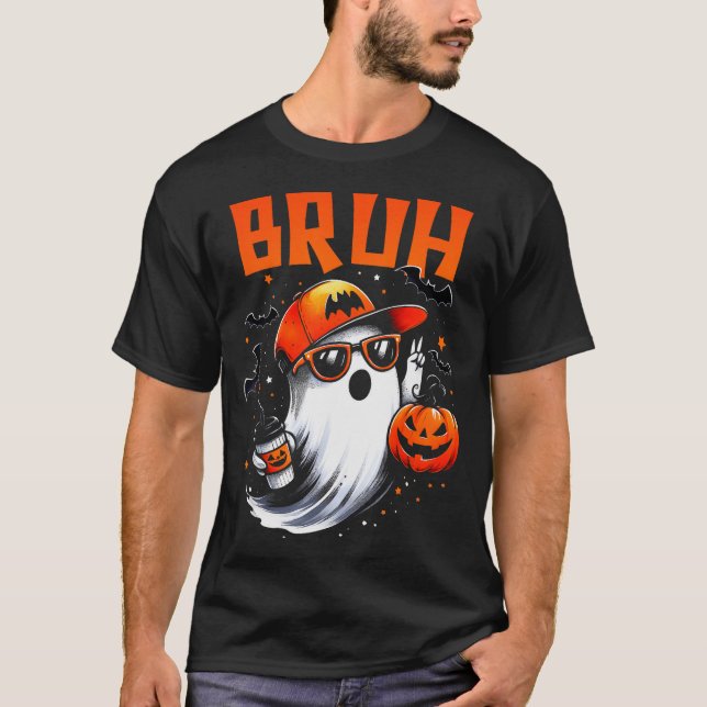 Bruh Ghost Halloween Cute Ghost Trick Or Treat Can T-Shirt (Front)