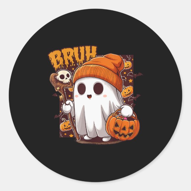 Bruh Ghost Happy Halloween Trick Or Treat Pumpkin  Classic Round Sticker (Front)