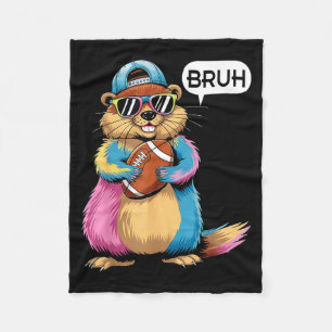Bruh Groundhog Holding Football Game Day Funny Spo Fleece Blanket