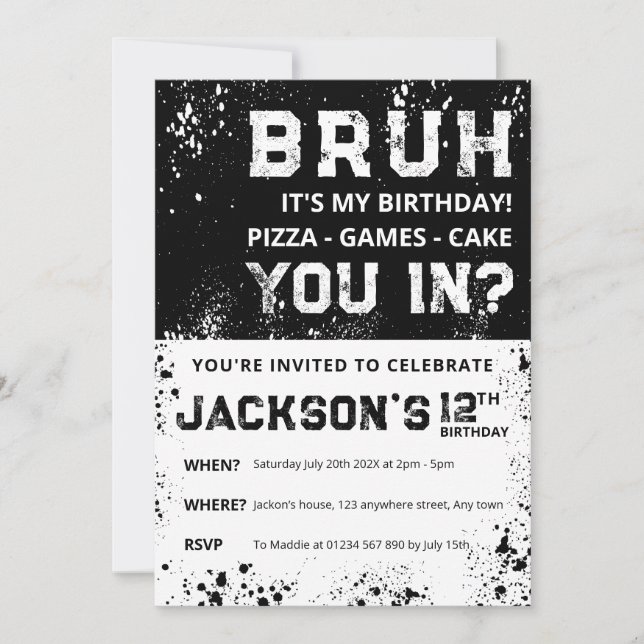 BRUH Grunge Paint Splatter Boy Birthday Invitation (Front)