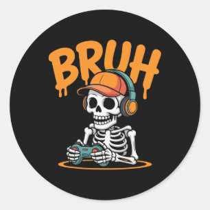 Bruh Halloween Boys Kids Gamer Mens Skeleton Video Classic Round Sticker
