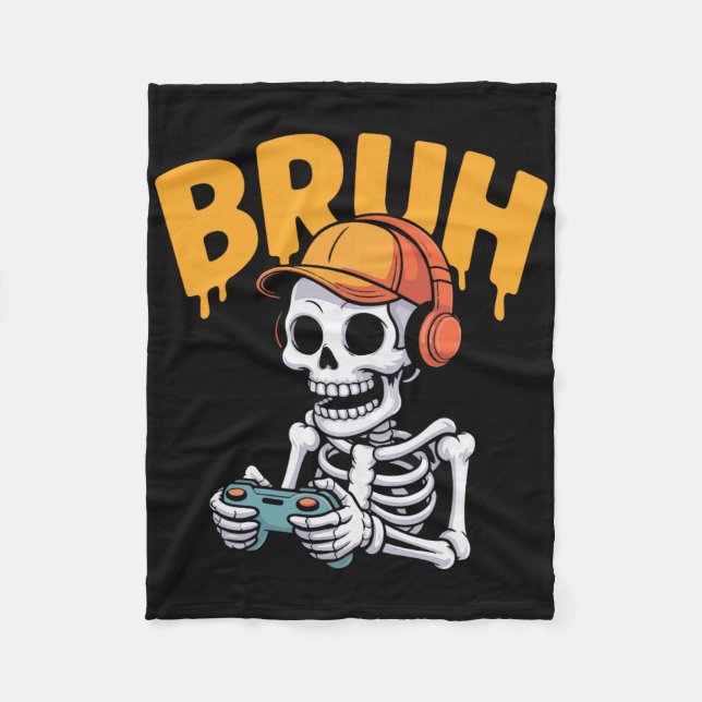 Bruh Halloween Boys Kids Gamer Mens Skeleton Video Fleece Blanket (Front)